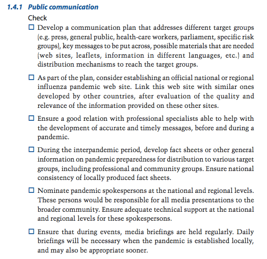Politicians face many ethical and safety questions when a pandemic arises. Withholding information from the public is a failure to protect citizens. But mismanaged messaging can also lead to social unrest. The World Health Organization published a Checklist for Influenza Pandemic Preparedness Planning for government officials.